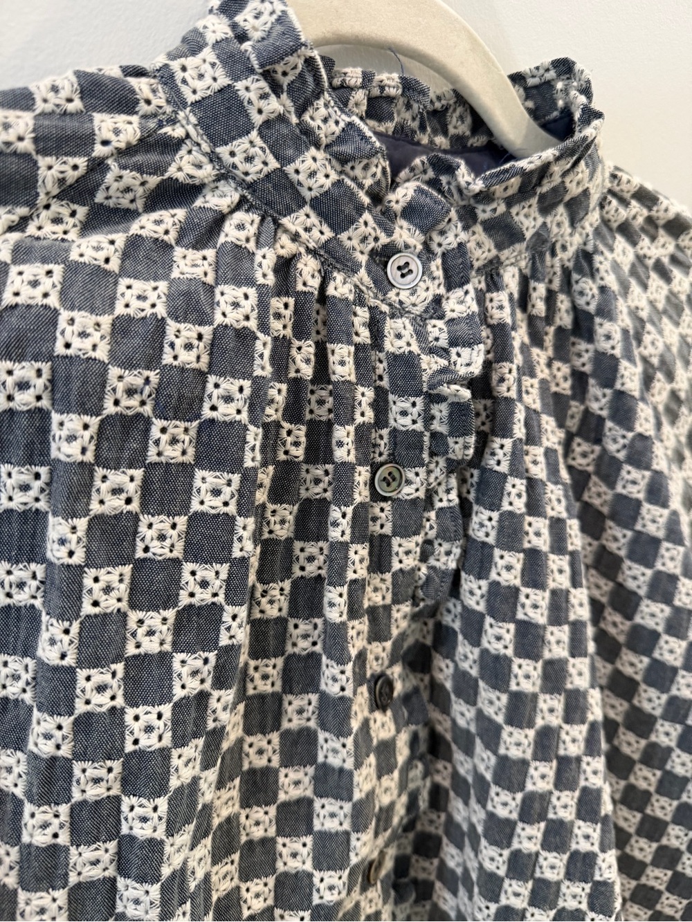 FRNCH Blue and White Printed Button-Down Mock Neck Blouse - Picture 2 of 3